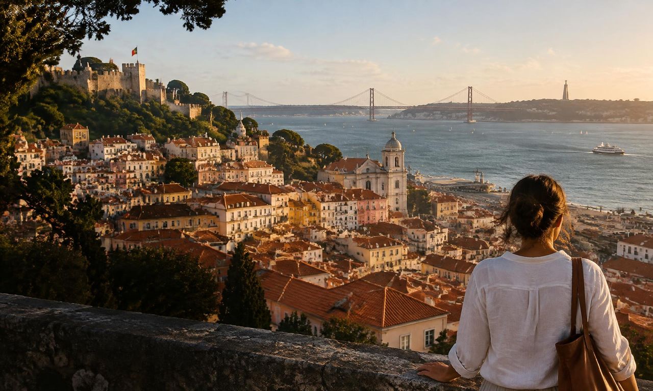 A solo traveler overlooking Lisbon and the Tagus River